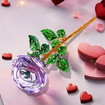 JWshufel Valentine Gift Crystal Rose Keepsake Ornament Eternal Love Glass Flower with Rhinestone Accented Leaves and Golden for Girlfriend Wife Birthday Wedding Home Decor Purple 9.4x2.8in