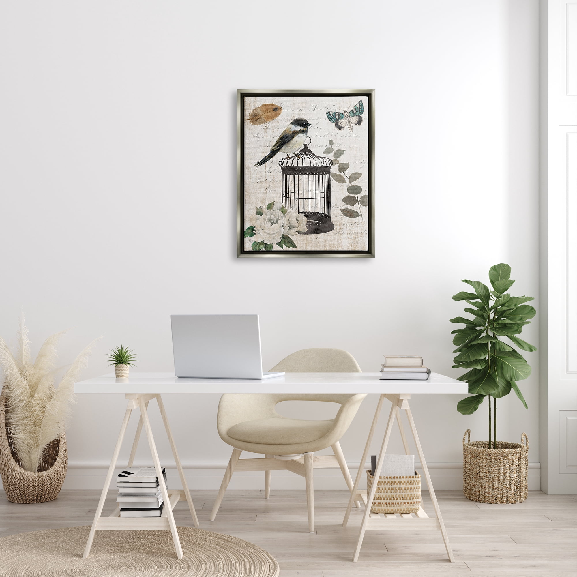 Stupell Industries Vintage Bird Cage Butterfly Floral Script Words Graphic Art Luster Gray Floating Framed Canvas Print Wall Art, Design by Nan