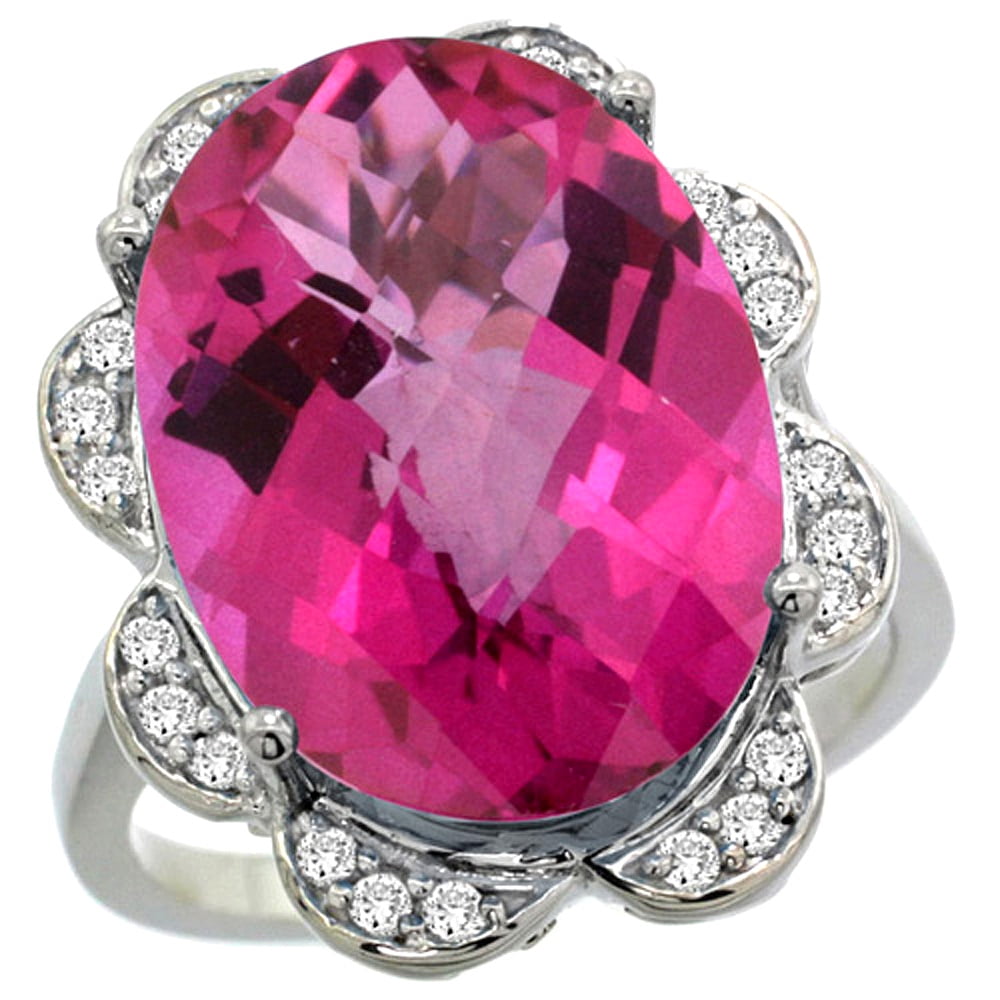 14k White Gold Natural Pink Topaz Ring Oval 18x13mm Diamond Floral Halo, 3 4inch wide, size 5 by Gabriella Gold