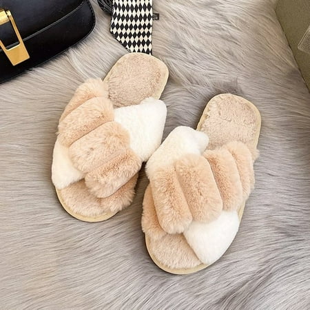 

CoCopeanut 2022 New Design Women Winter House Furry Slippers Women Cross Fluffy Fur Home Slides Flat Indoor Floor Shoes Ladies Flip Flops