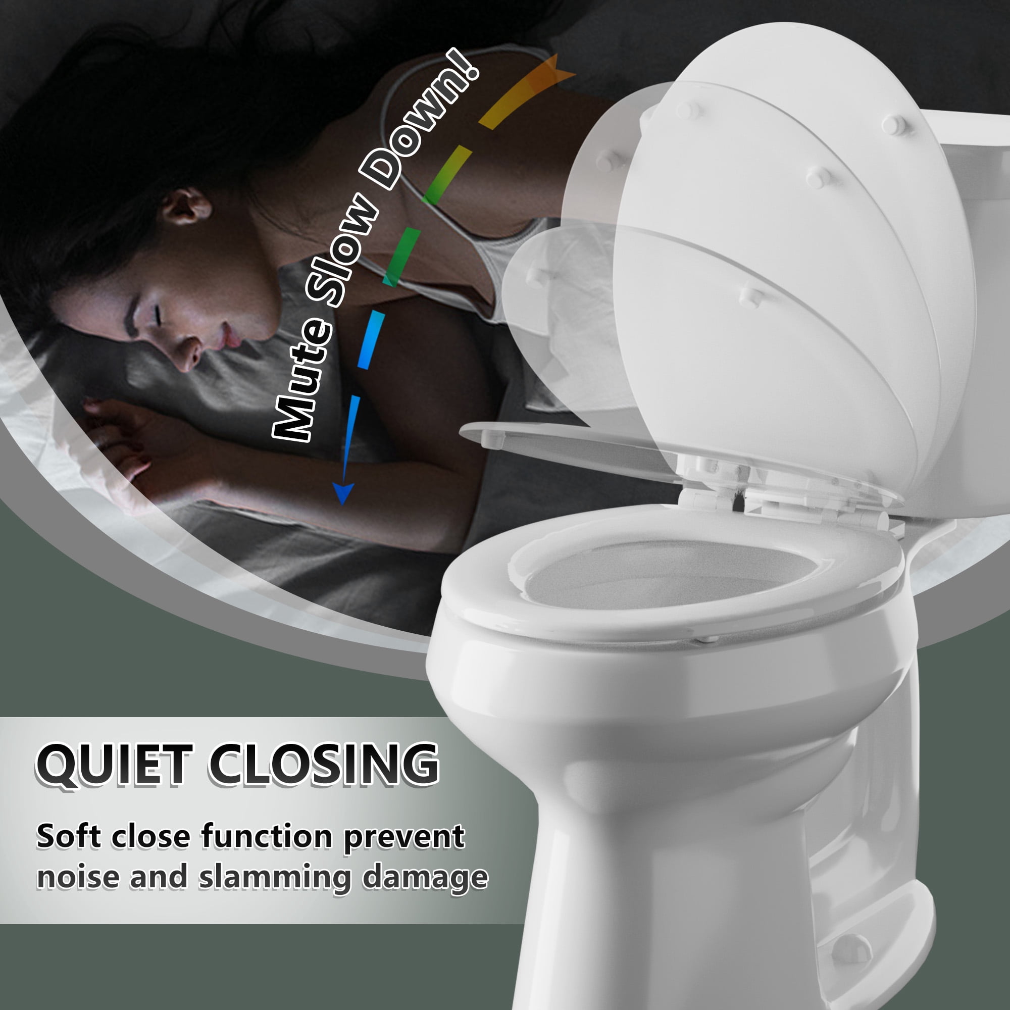 Angol Shiold Wood Toilet Seat with Non-Slip Adjustable Hinges, Quiet-Close ( White, Elongated 18.5'' )