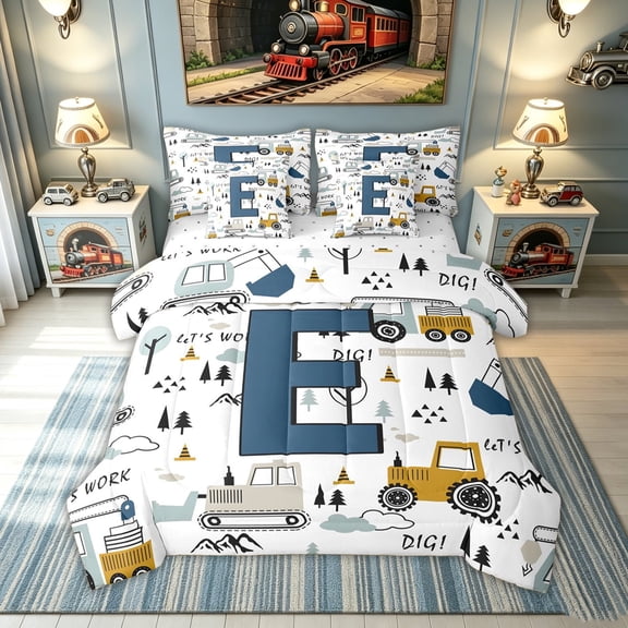 meiyoeat Construction Letter E Twin Bedding, Work Truck Bedding Comforter Set for Kids Boys, Blue, Reversible, 7-Piece