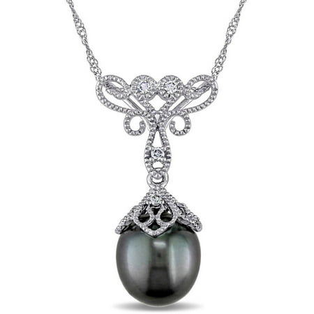 9-9.5mm Black Drop Tahitian Pearl and Diamond-Accent 14kt White Gold Floral Pendant, 17