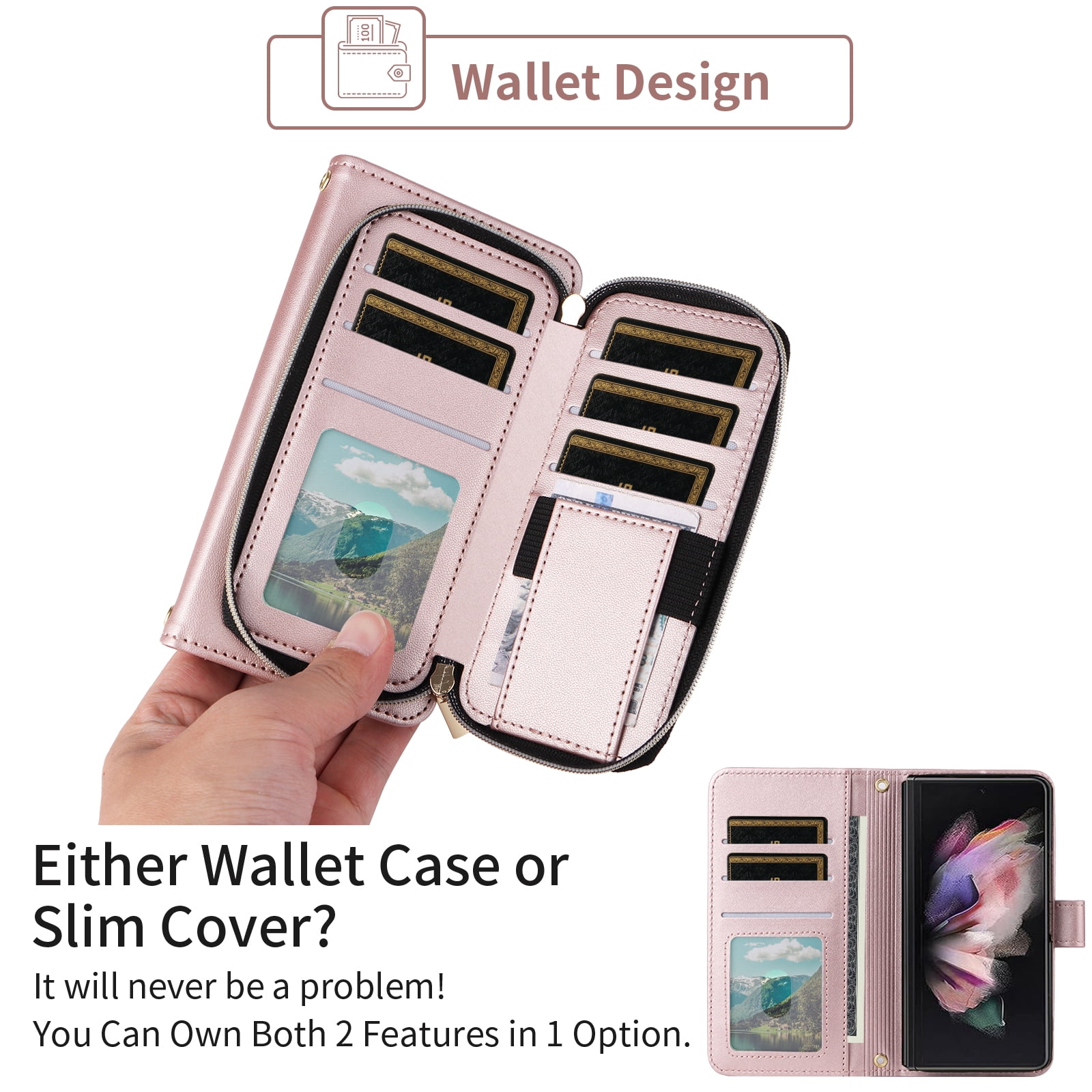 Furiet Argyle Wallet Case for Samsung Galaxy Z Fold 6 5G 2024 with Wrist/Shoulder Strap Card Slot Zipper Purse Luxury PU Leather Stand Cell Phone Cover for ZFold6 Z6 G Fold6 6Z Girls Rose Gold