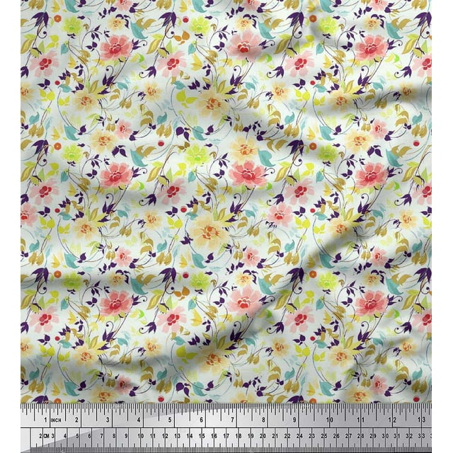 Soimoi Poly Georgette Fabric Leaves & Floral Artistic Decor Fabric Printed Yard 52 Inch Wide