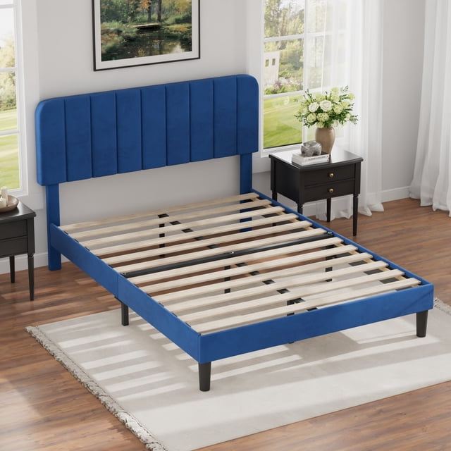 VECELO Queen Size Upholstered Beds, Modern Platform Bed Frame with Adjustable Headboard, Wooden Slats Support/No Box Spring Needed, Dark Blue