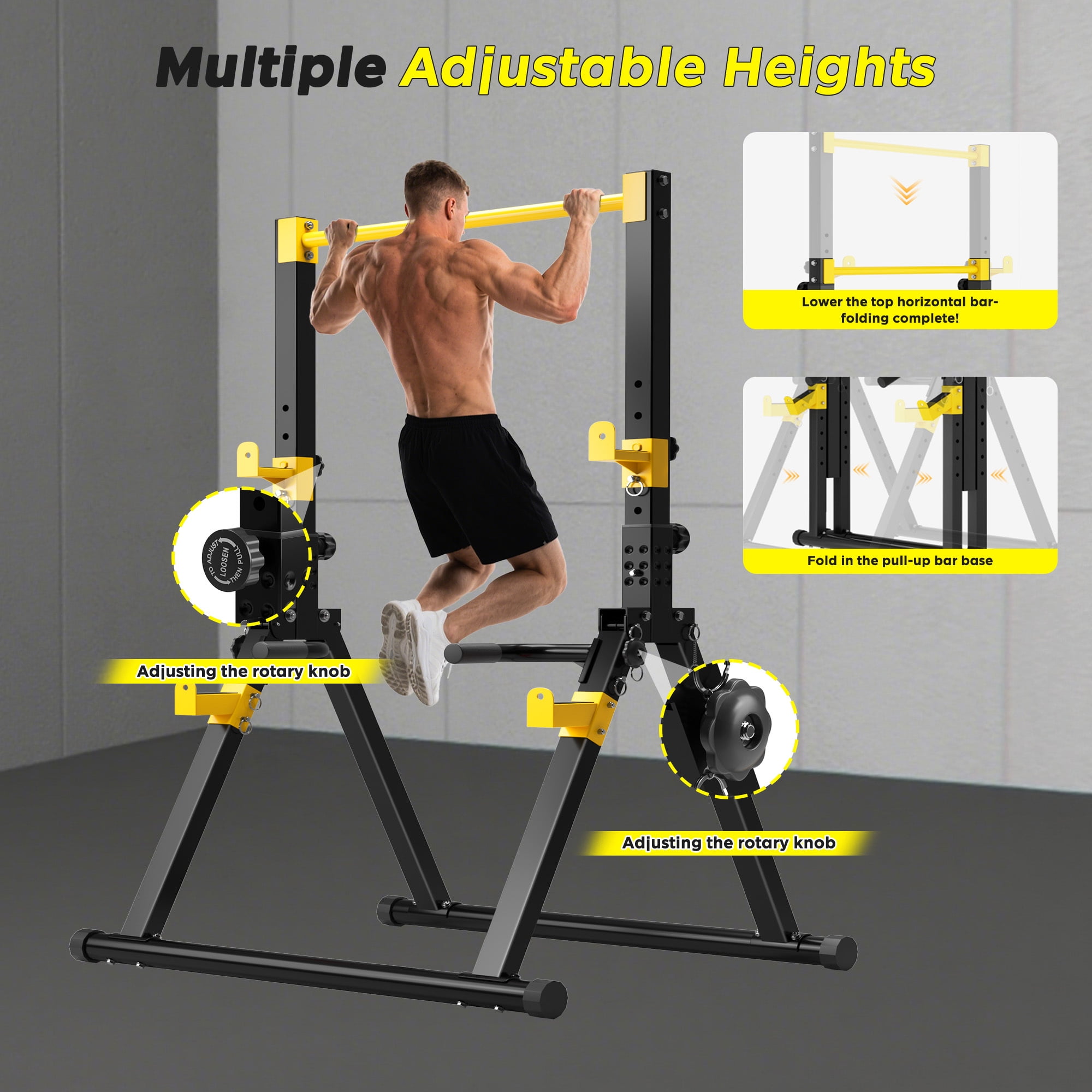 Multifunction Foldable Triangular Structure Pull Up Station , Free Standing Power Tower Pull Up Bar Dip Station Adjustable Height Strength Training Workout Equipment, Support 500lbs, Black + Yellow