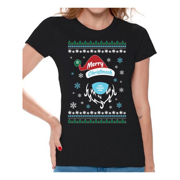 Merry Christmask T Shirts Happy Holidays T Shirt for Girlfriend Mom Wife Xmask Top Xmas Gifts Xmas 2020 Outfit Funny Santa Shirt for Women Christmas Tee for Her Merry Christmas T-Shirt