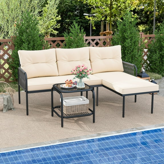 Gymax 3-Piece L Shaped Patio Furniture Set w/Tempered Glass Table Back & Seat Cushions
