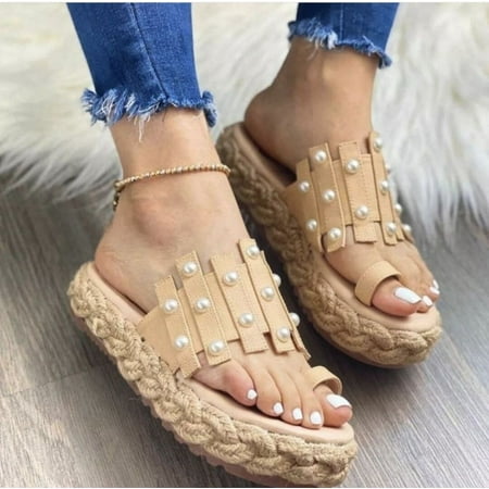 

IKemiter Women s Platform Sandals Summer Beaded Open Toe Slip-on Shoes Breathable