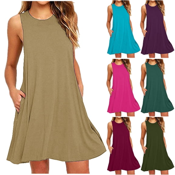 Nkmbld Women's Dress Summer Casual Round Neck Sleeveless Dress with Pockets High Waist Dress