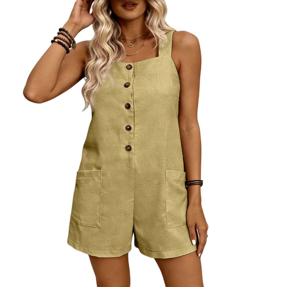 ZHYou Jumpsuits for Women Button Down Cotton Square Neck Comfy Summer Short Rompers for Women,Mint Green,Size L