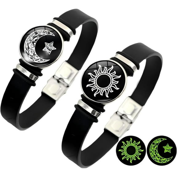 2pcs Sun Star Moon Glow-in-the-dark Bracelets, Men's and Women's Black Leather Bracelets, Sun Moon Star Couple Bracelets