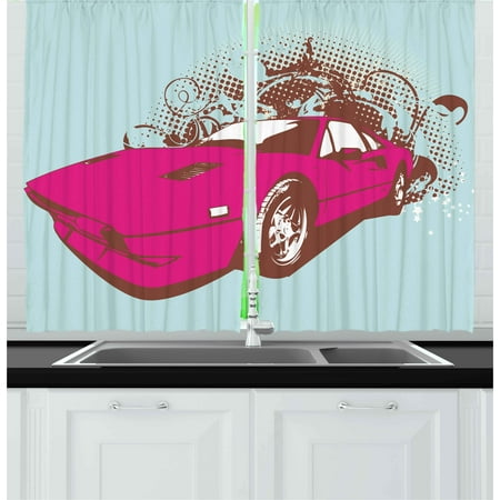 Vintage Curtains 2 Panels Set, Custom Collector's Old Car Grunge Background Cartoon Like Funky Art, Window Drapes for Living Room Bedroom, 55W X 39L Inches, Baby Blue Hot Pink Redwood, by Ambesonne