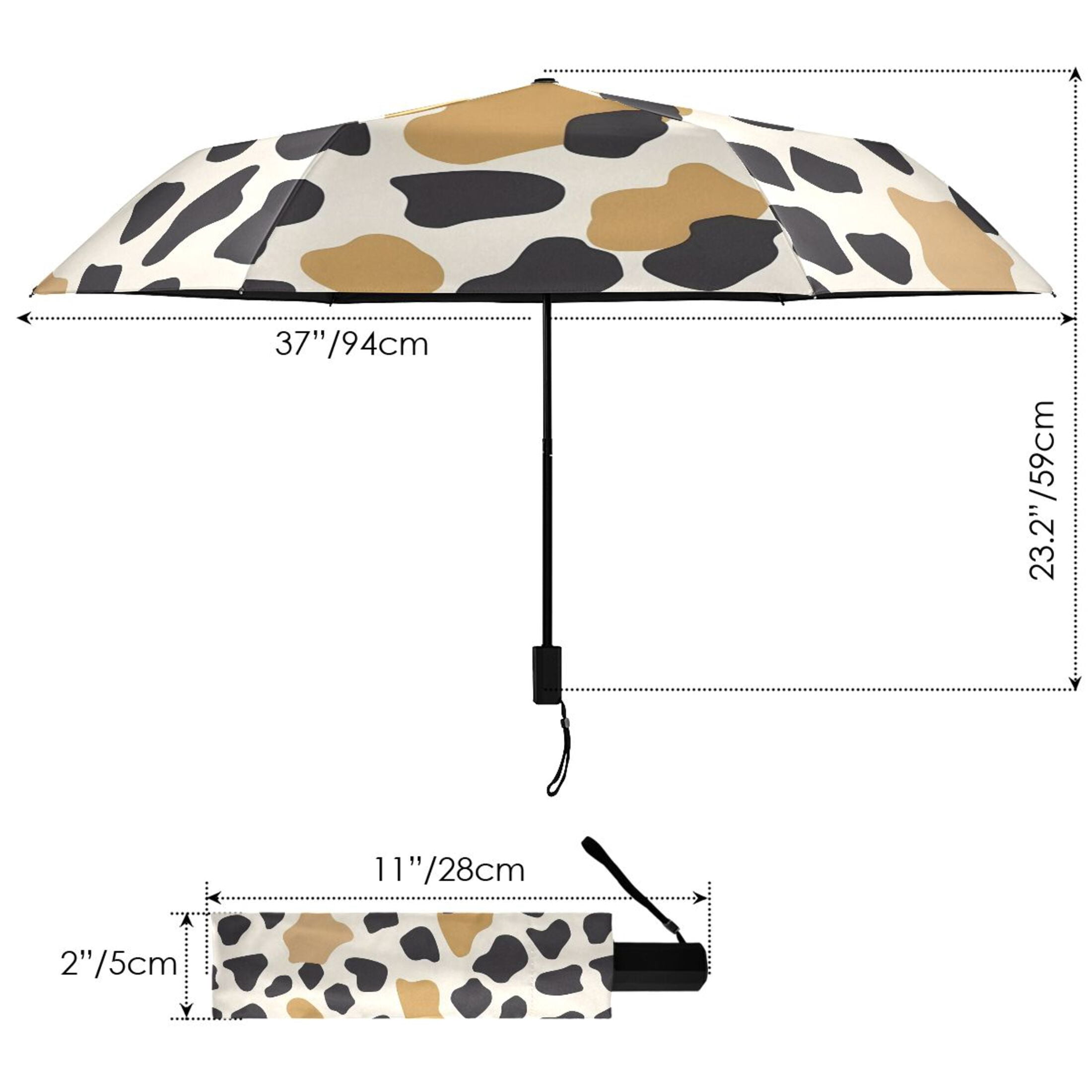 Gold and Black Cow Print Compact Sun Umbrella Windproof Travel Umbrellas for Rain Strong Portable UV Protection