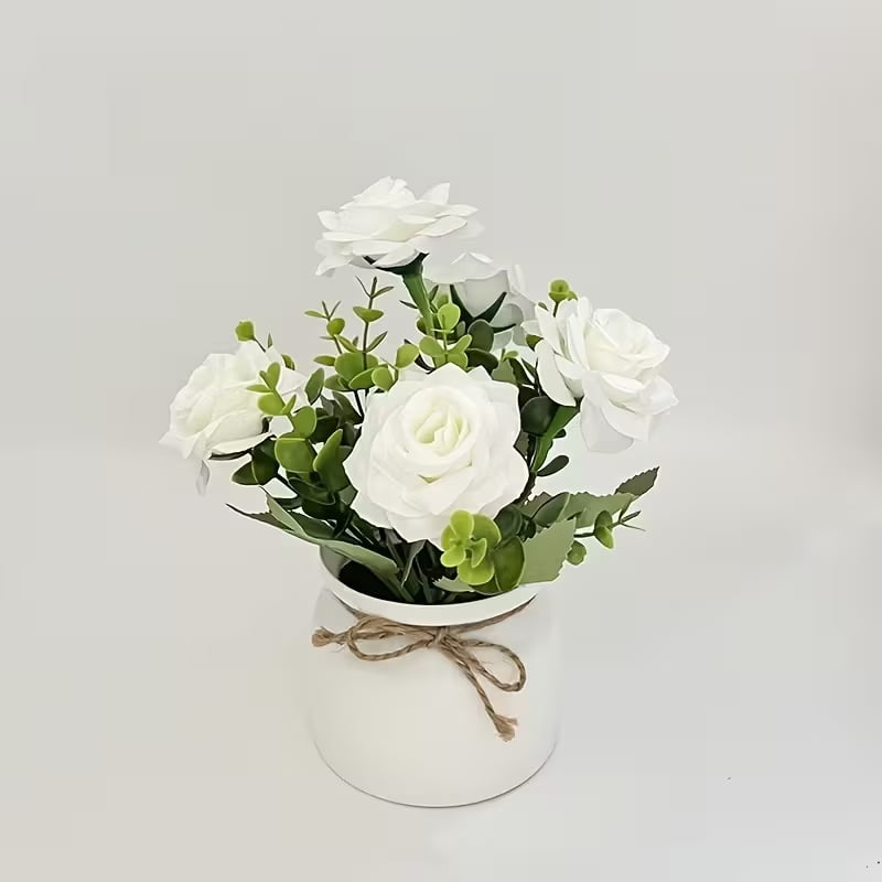 White Artificial Roses Vase Arrangement Lifelike Silk Floral Home Office Decor