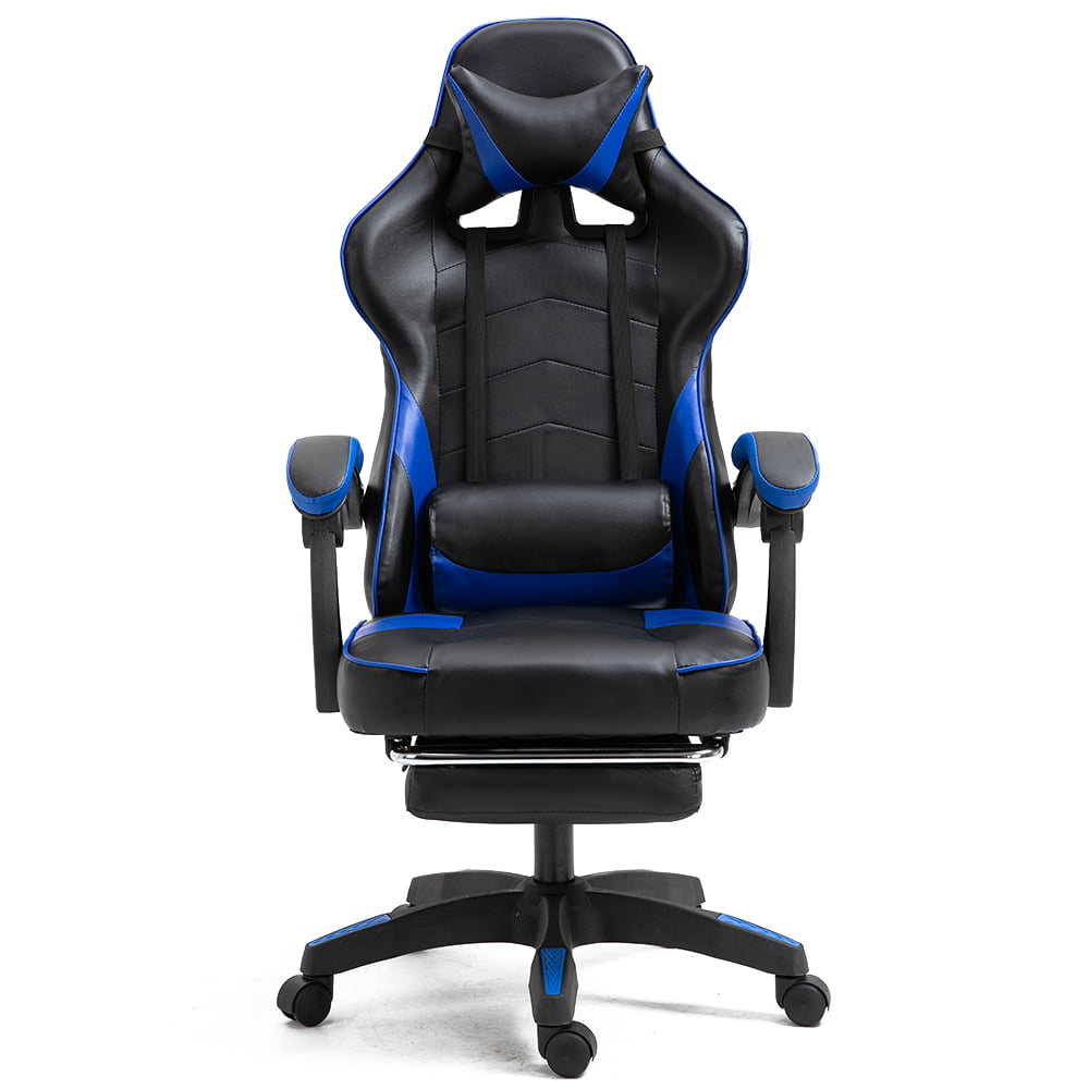 Gaming Chair with Footrest Racing Gamer Chair Ergonomic Office Chair High Back PU Leather Computer Desk Chair with Lumbar Cushion and Headrest(Black + Blue)