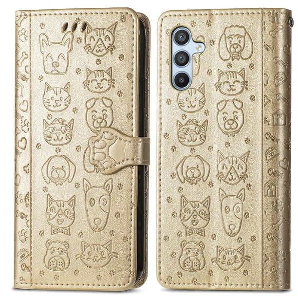 Funda Cartera FOXDOCK para Samsung Galaxy A14 4G , Flip PU con Relieve de Gatos y Perros, Tarjetero y Soporte
