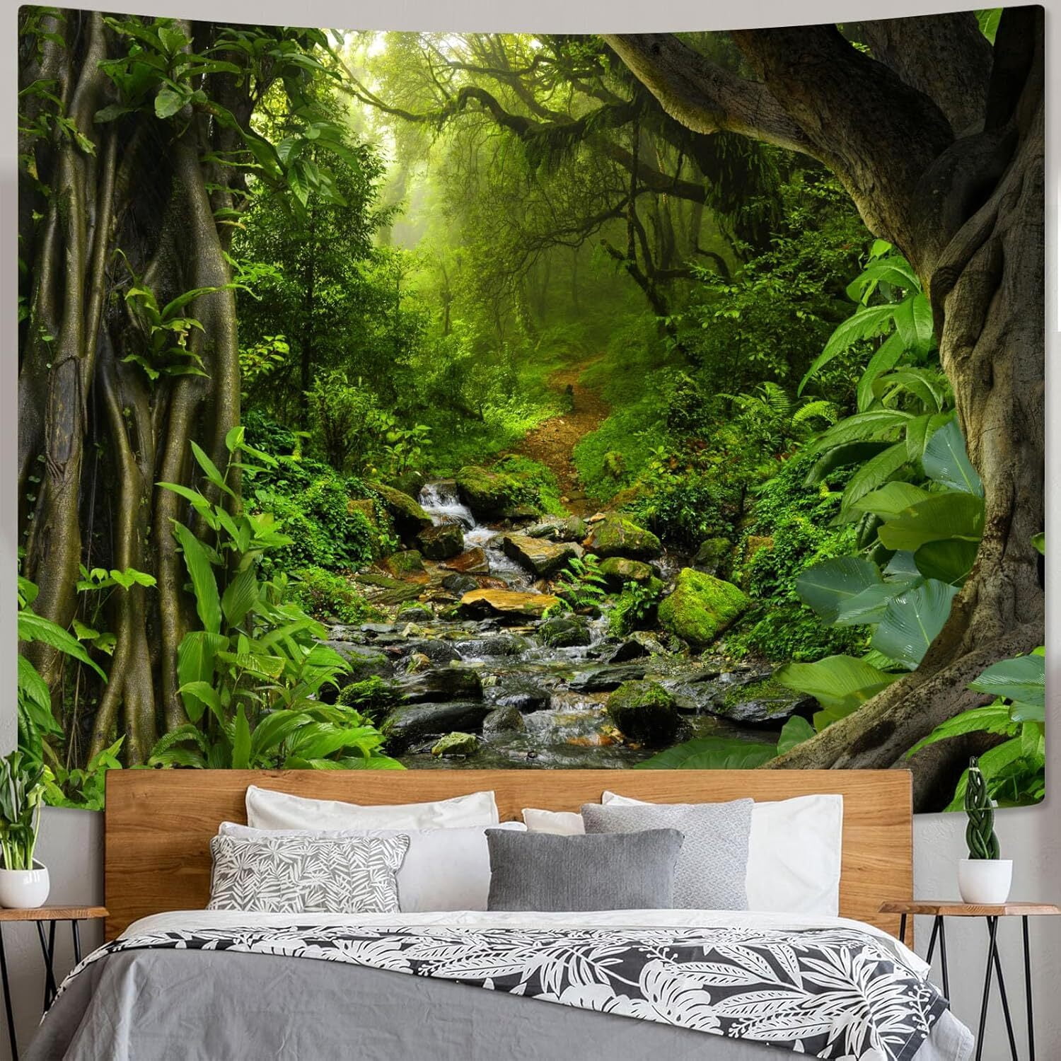 Green Rainforest Tapestry Nature Forest Tapestry for Bedroom Aesthetic Misty Tropical Jungle Trees Flowing Stream Landscape Tapestries Wall Hanging for Living Room Dorm 60 x 40 Inch