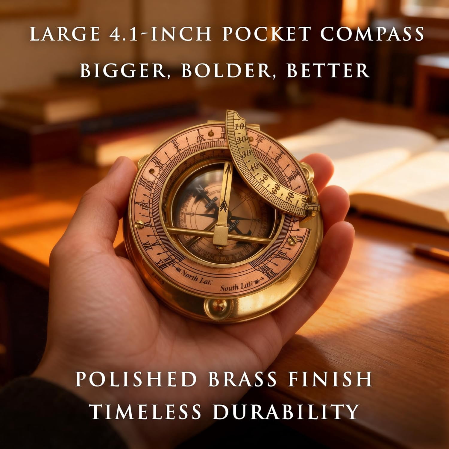 OakiWay Brass Sundial Compass with Leather Case - Vintage Nautical Pocket Watch Clock Design, Antique Maritime Decor & Gift for Men, Sailors, Engineers, and Collectors - (4.1" inch)
