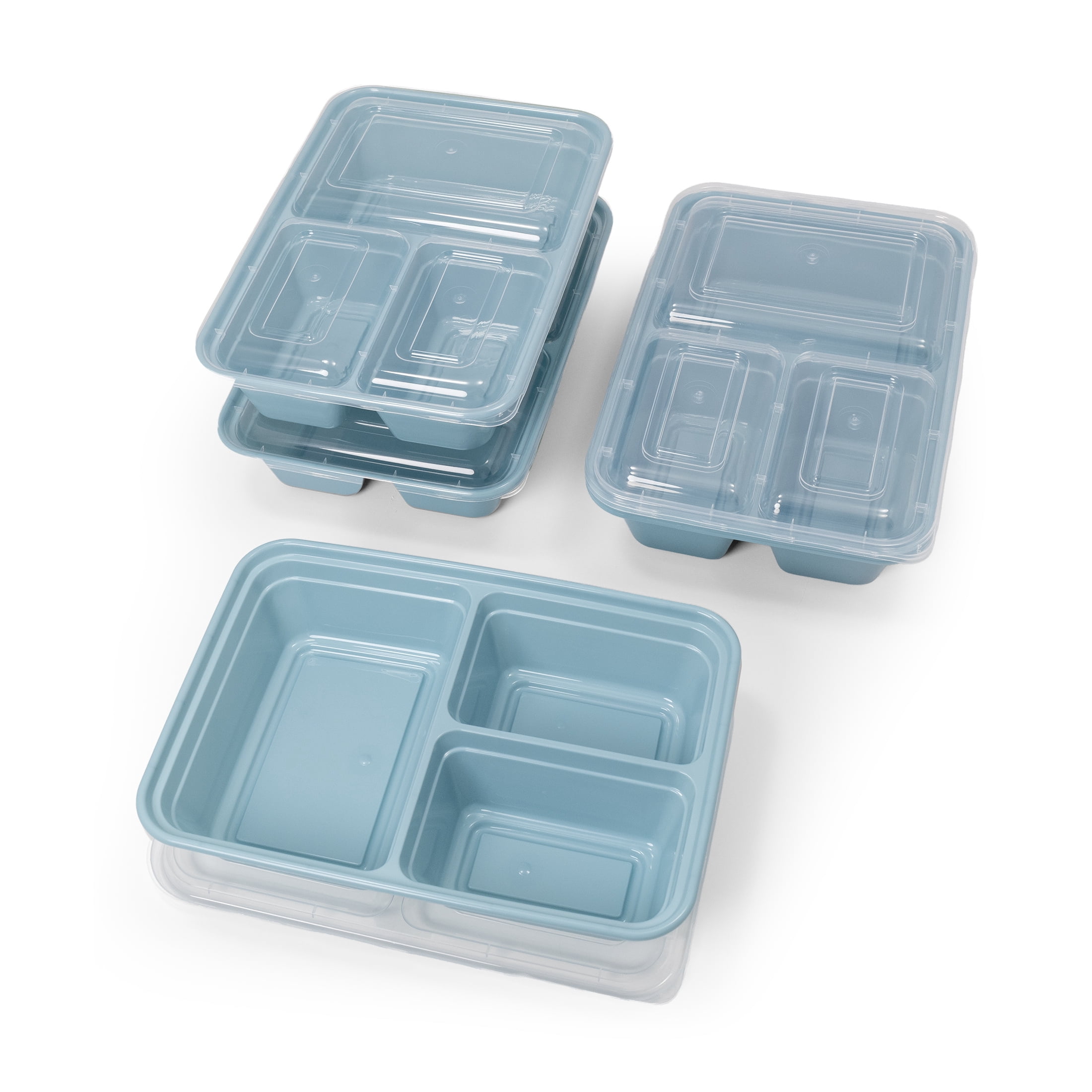 Mainstays 5-Pack 3-Compartment BPA-Free Plastic Meal Prep Food Storage Containers, 1.2L, Blue Cameo