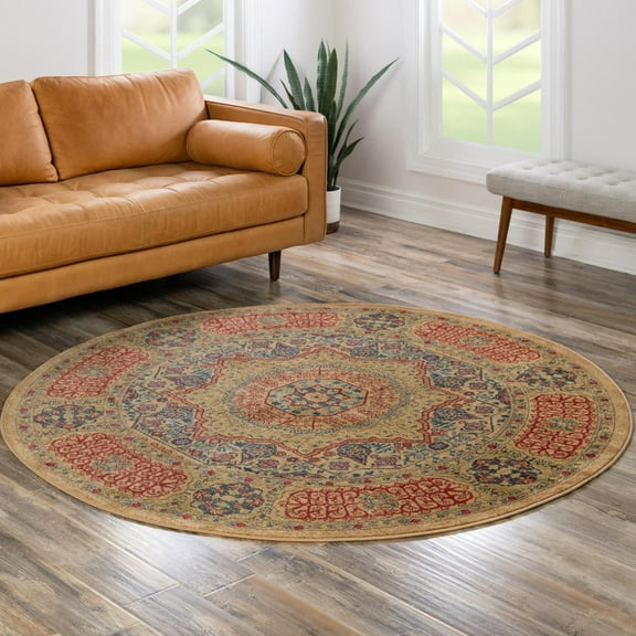 Unique Loom Palace Collection Area Rug - Amber (3' 1" Round Beige/Light Blue)