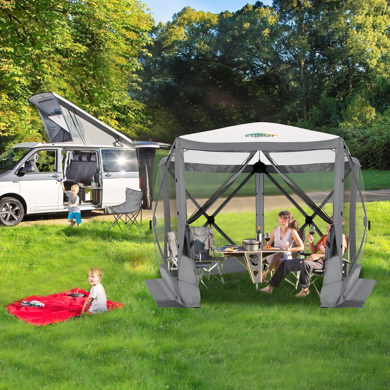 COBIZI 10x10 Pop up Gazebo Screen Tent Screen House for Camping,5 Sided Pop-up Camping Canopy Shelter Tent with Mesh Windows,Portable Outdoor Quick-set Hub Tent with Carrying Bag&Ground Stakes,Gray