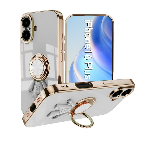 ELEHOLD Plating Case For iPhone 16 Plus – TPU Slim Magnetic Shockproof Cover, 360° Rotatable Ring Stand, 3D Astronaut Design, Lens All-Inclusive Protection, White