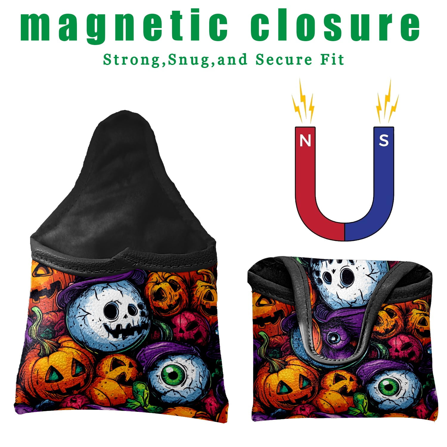 Golf Mallet Putter Cover Premium Leather Waterproof Golf Putter Head Cover with Magnetic Closure Pumpkin Eyeball