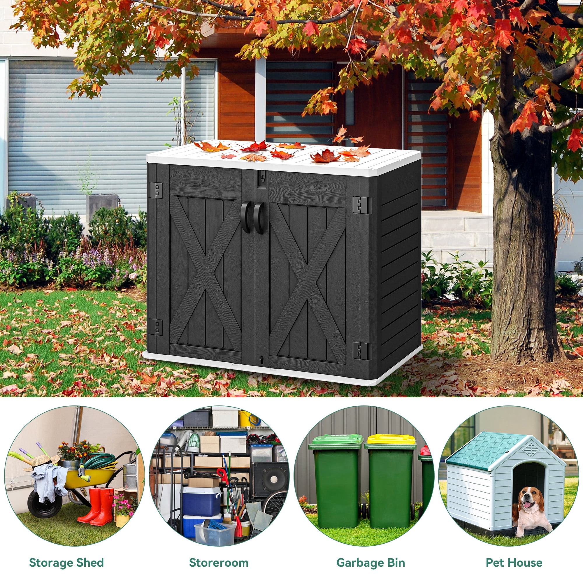 Outdoor Horizontal Storage Shed with X-Shaped Lockable Door, 35 Cu Ft Weather Resistant Resin Tool Shed