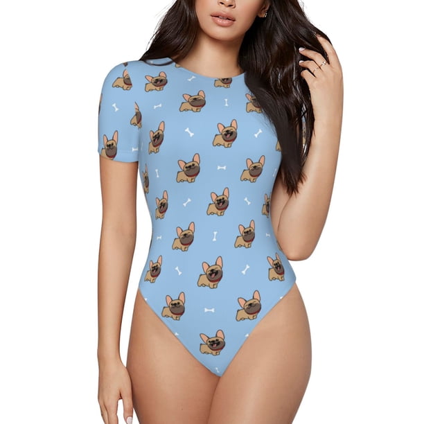 Balery Brown French Bulldog Body de cuello redondo de manga corta para mujer Tops de manga corta Tops básicos-XX-Large