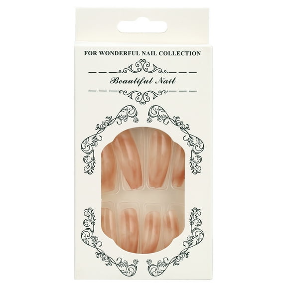 CC HOME Press On Nails - Amber Brown Glossy Long Coffin Nails with Salon UV Finish, Reusable Opaque Nails in 12 Sizes - 24 Nail Kit with Jelly Stickers