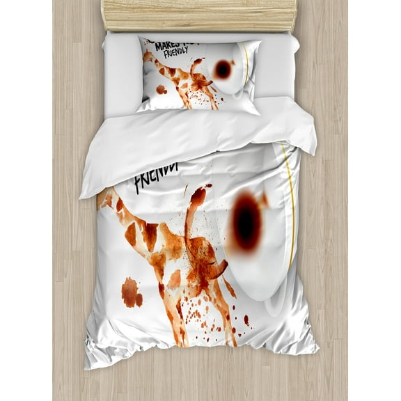 Coffee Art Duvet Cover Set, Be Outgoing and Sociable Inspiration Hot Drink Friendly Giraffe, Decorative 2 Piece Bedding Set with 1 Pillow Shams, Twin Size, Brown Orange Black, by Ambesonne