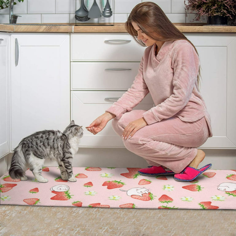 Strawberry Cat Kitchen Mats Set 2 Piece Pink Strawberry cat Decorative Rugs  for Kitchen Low-Profile Strawberry Cat Floor Mats Decorations for Home