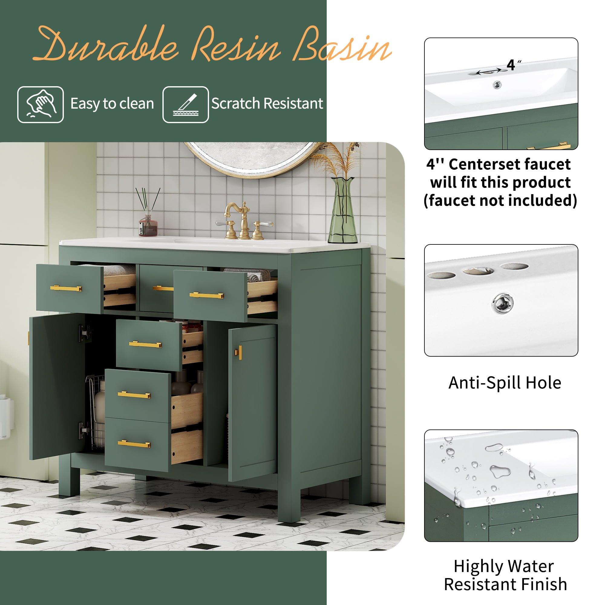 Harper & Bright Designs 36" Bathroom Vanity Sink Combo, Bathroom Storage Cabinet with Drawers, Single Sink Bathroom Vanity with Solid Wood Frame, Green