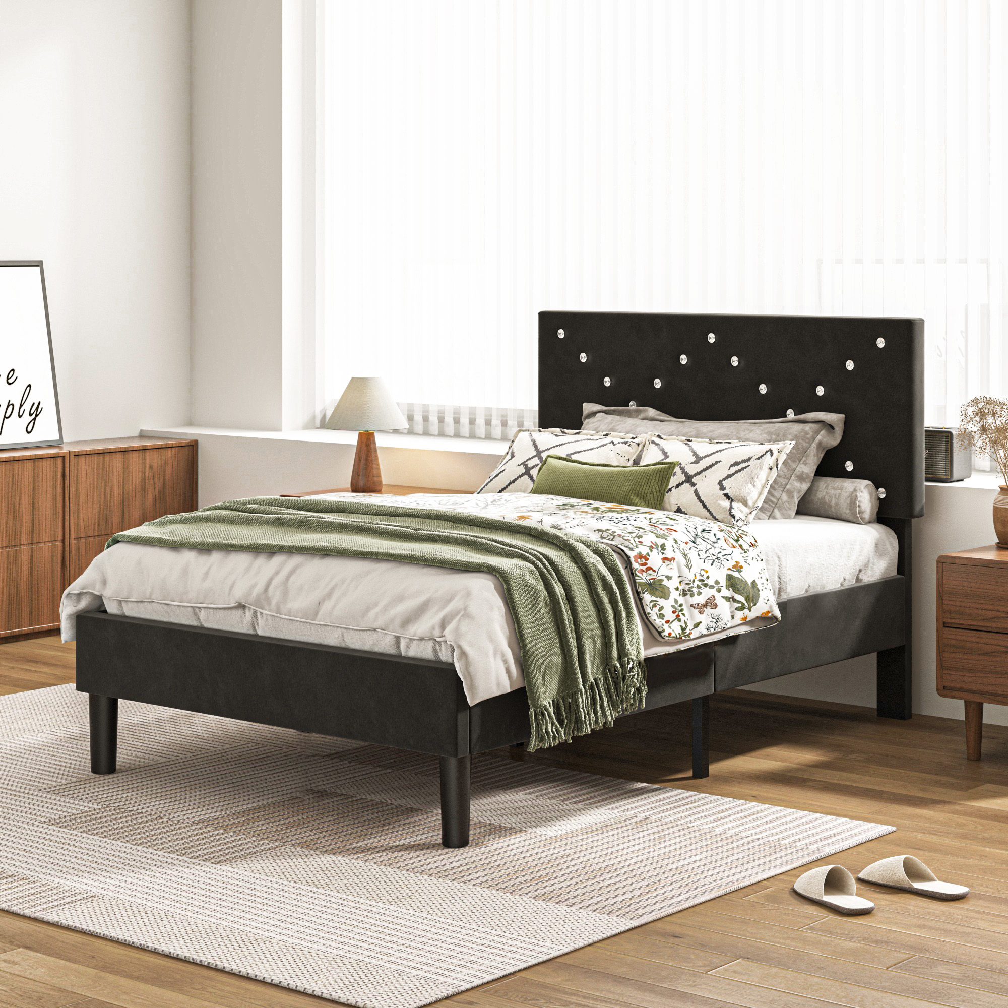 Twin Size Bed Frame with Upholstered Headboard, Non-Slip and Noise-Free/Wooden Slats Support/No Box Spring Needed/Easy Assembly, Black
