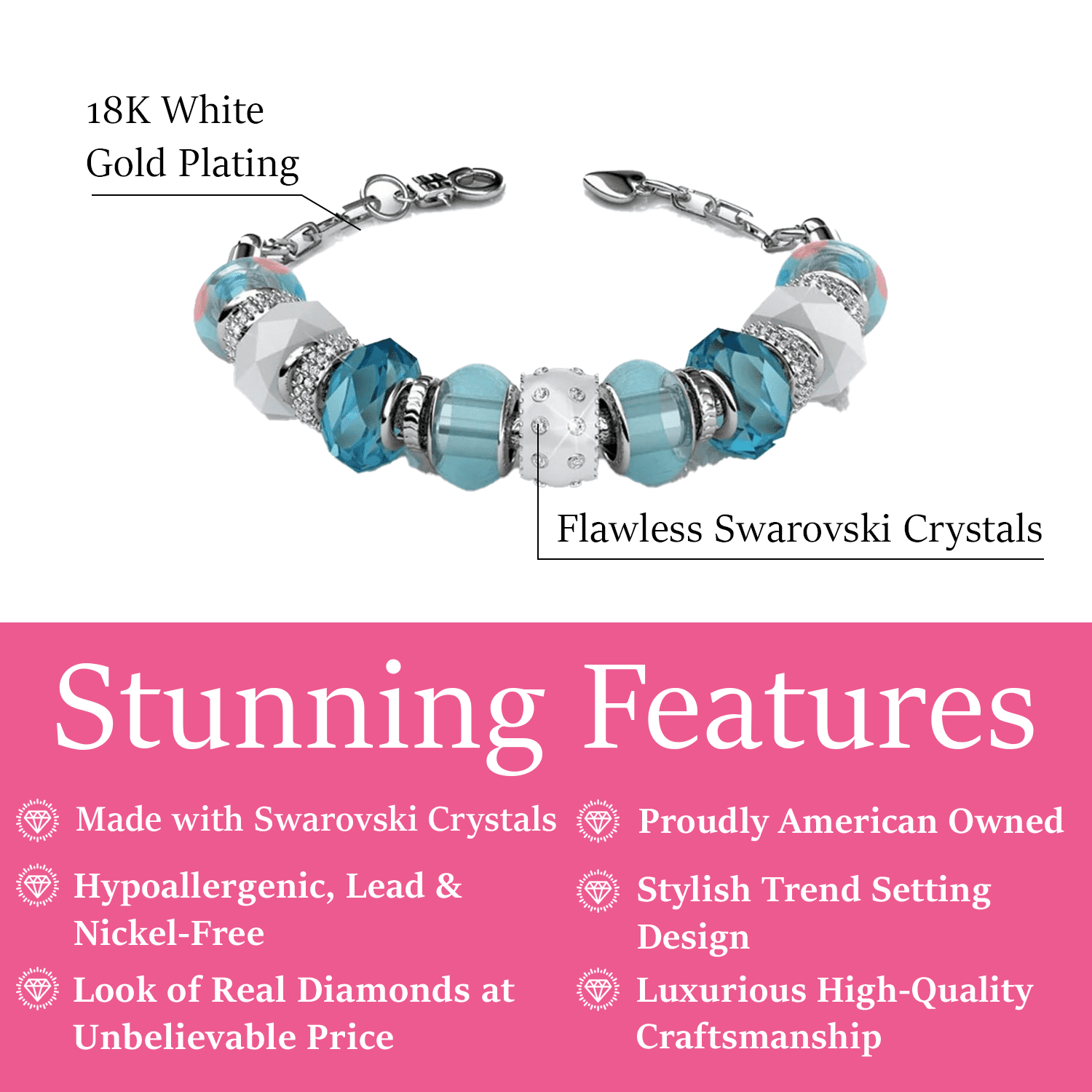 Cate & Chloe Aurora 18k White Gold Plated Bracelet with Blue Beads and Swarovski Crystals for Women