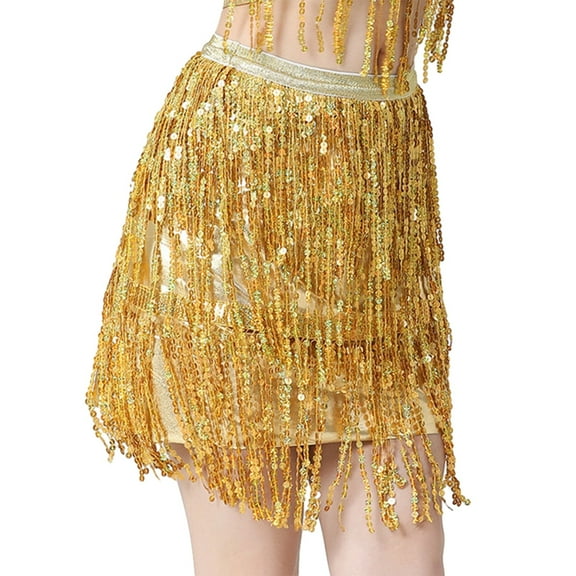 Women's Belly Dance Sequin Skirt with Sparkly Fringe Skirt Rave Party Festival Sequin Skirt Latin Dance Tassel Skirt Yellow S