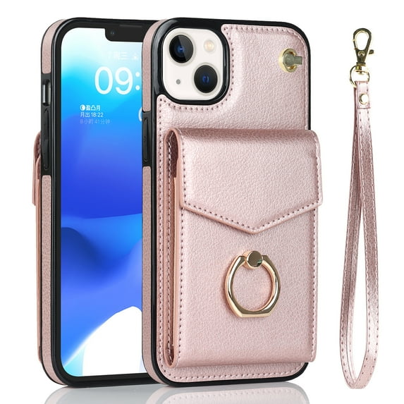 Nalacover Wallet Case for iPhone 14, Back Card Slots/Bag Magnetic Button Ring Holder Stand Cover with RFID Blocking Wrist Hand Strap Luxury PU Leather Anti-Shocks Protective Case,Rosegold
