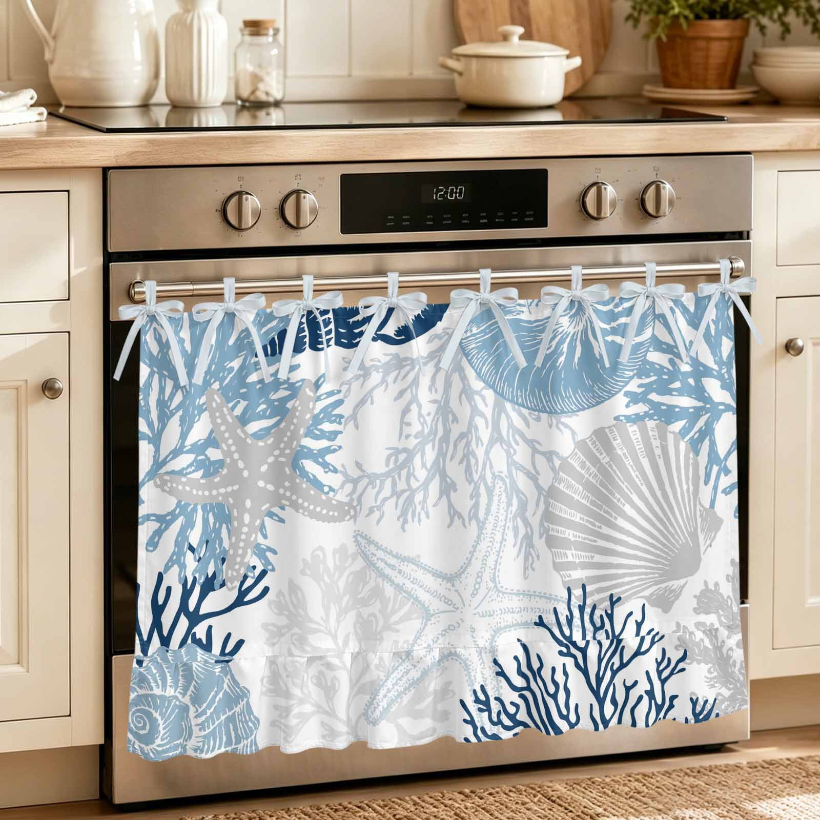 Blue Beige Coastal Oven Skirt for Farmhouse Kitchen D&eacute;cor Grey Navy Blue Coral Starfish Nautical Oven Curtain Tie Top Decorative Stove Skirt Cabinet Dish Washer Curtains with 8 Ribbon Ties 27 x20