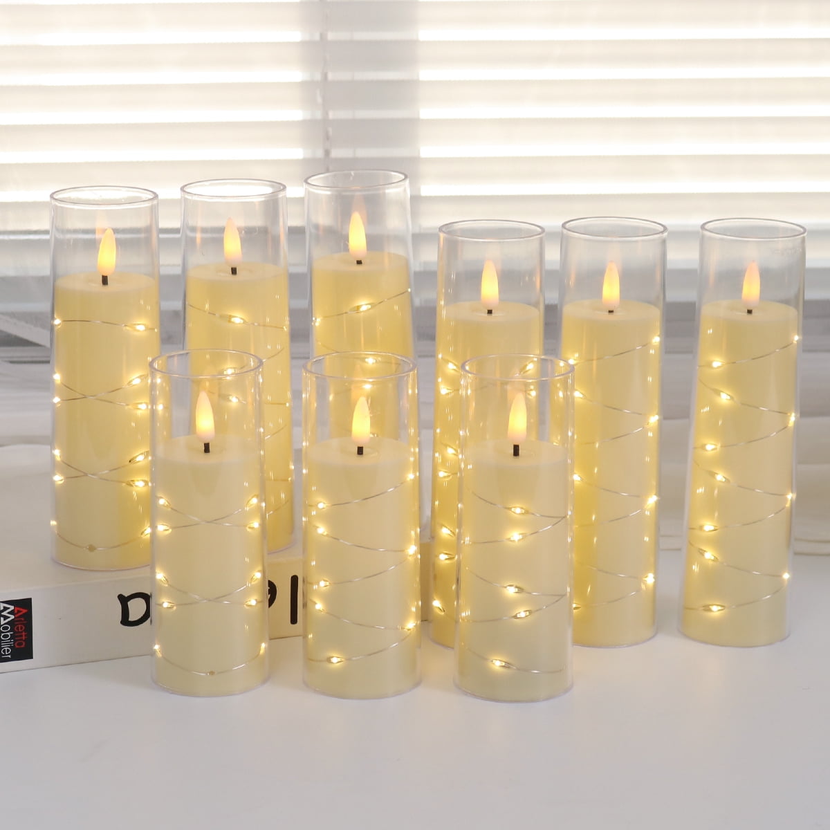 Flameless LED Pillar Candles (9 Pcs) – Embedded Star String, Battery Operated with Remote & Timer, White – Perfect for Home/Party/Wedding
