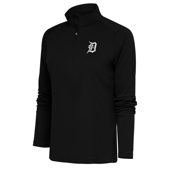 Women's Antigua  Black Detroit Tigers Brushed Metallic Tribute Half-Zip Pullover Top