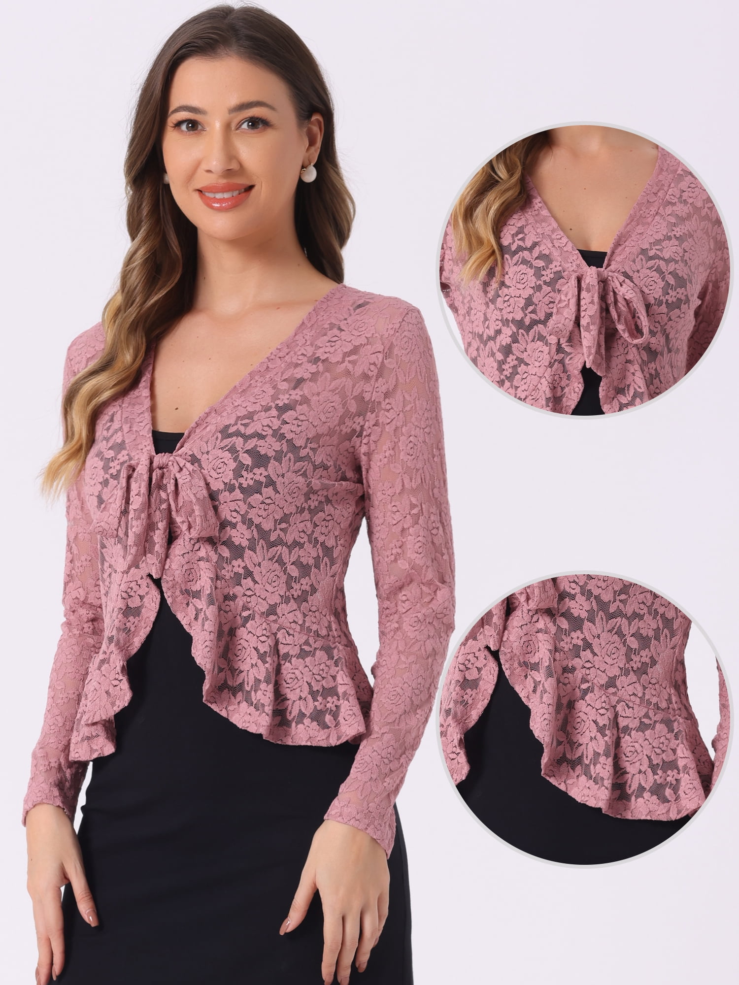 DARING DIVA Women's Ruffled Hem Floral Lace Crop Shrug Cardigan XS Dark Pink
