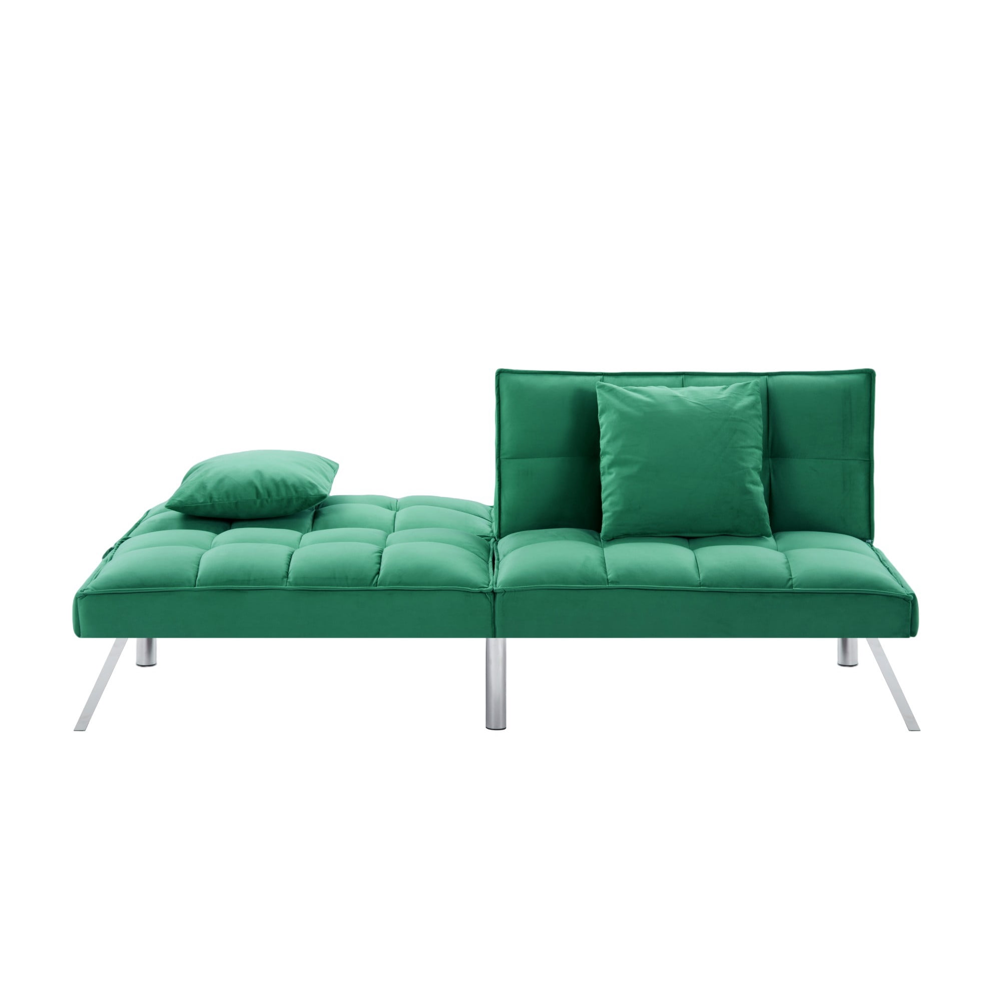 Gewnee Green 67.7” Velvet Futon Sofa Bed, Modern Love Seat with Adjustable Backrest, 2 Throw Pillows, Suitable for Home, Office & Guest Room