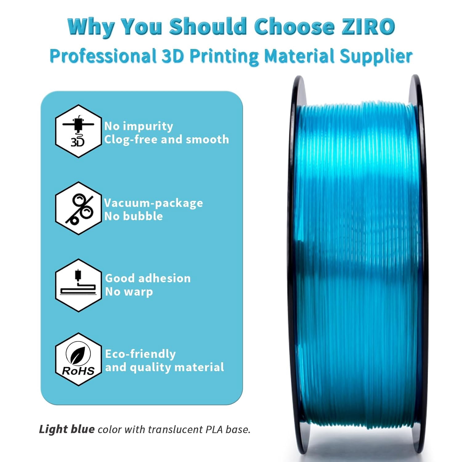 ZIRO 3D Printing Filament, Translucent PLA Series, 1.75mm Filament Material, Dimensional Accuracy +/- 0.03mm, 2.2lbs Spool, Material Fit Most FDM Printers, Light Blue