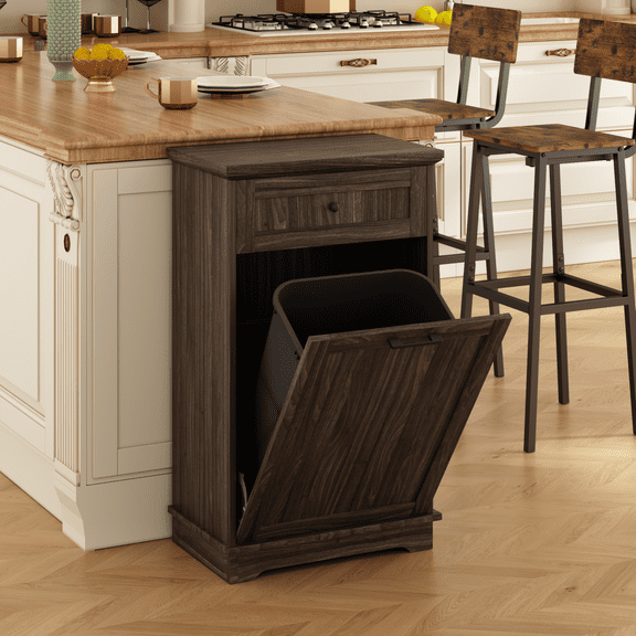 10 Gallon Tilt Out Trash Cabinet Freestanding Trash Bin Cabinet Wood Garbage Recycling Cabinet with Hideaway Drawer Pet Proof Trash Can Holder for Kitchen Living Room, Antique Brown (not include can)