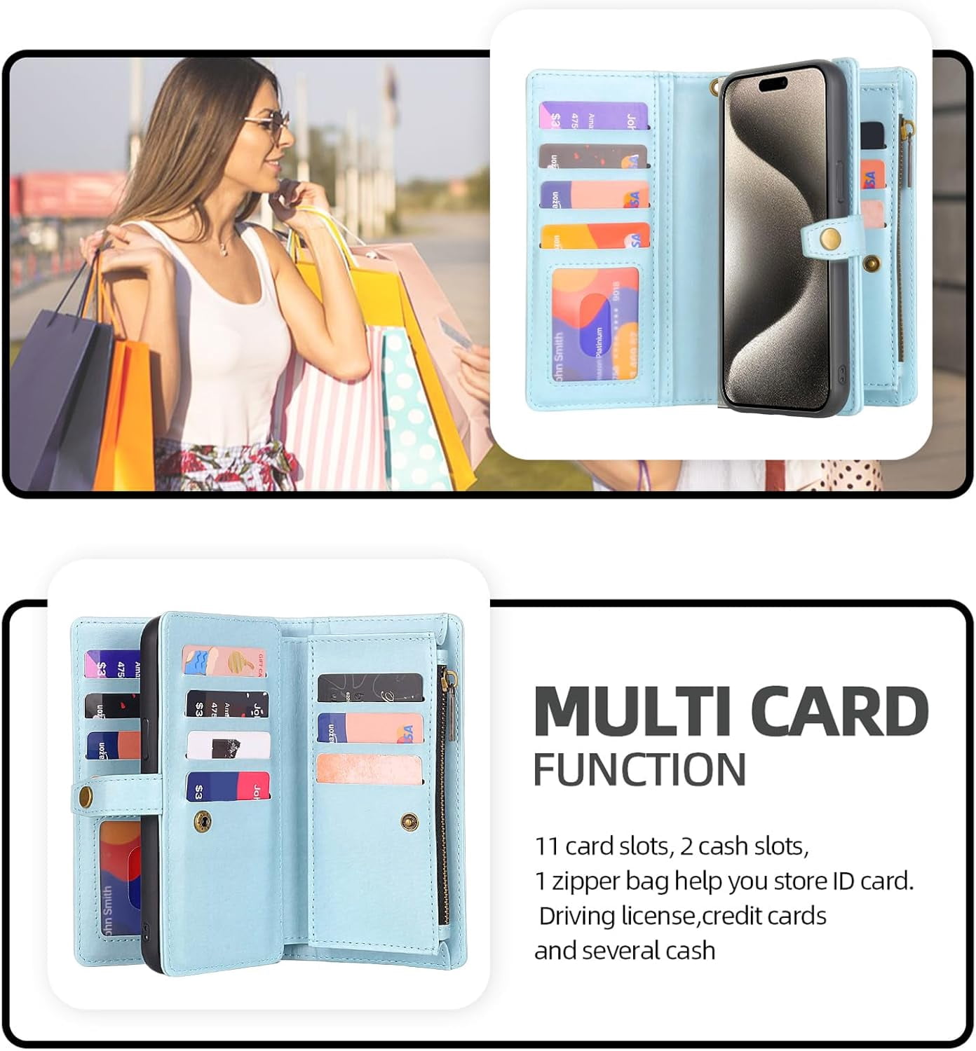 Phone Case Wallet Case Compatible for iPhone 15,iPhone 15 Multifunctional 2 in 1 Magnetic Case Wallet,Durable PU Leather Flip Lanyard Strap Wristlet Zipper Card Holder  for iPhone 15