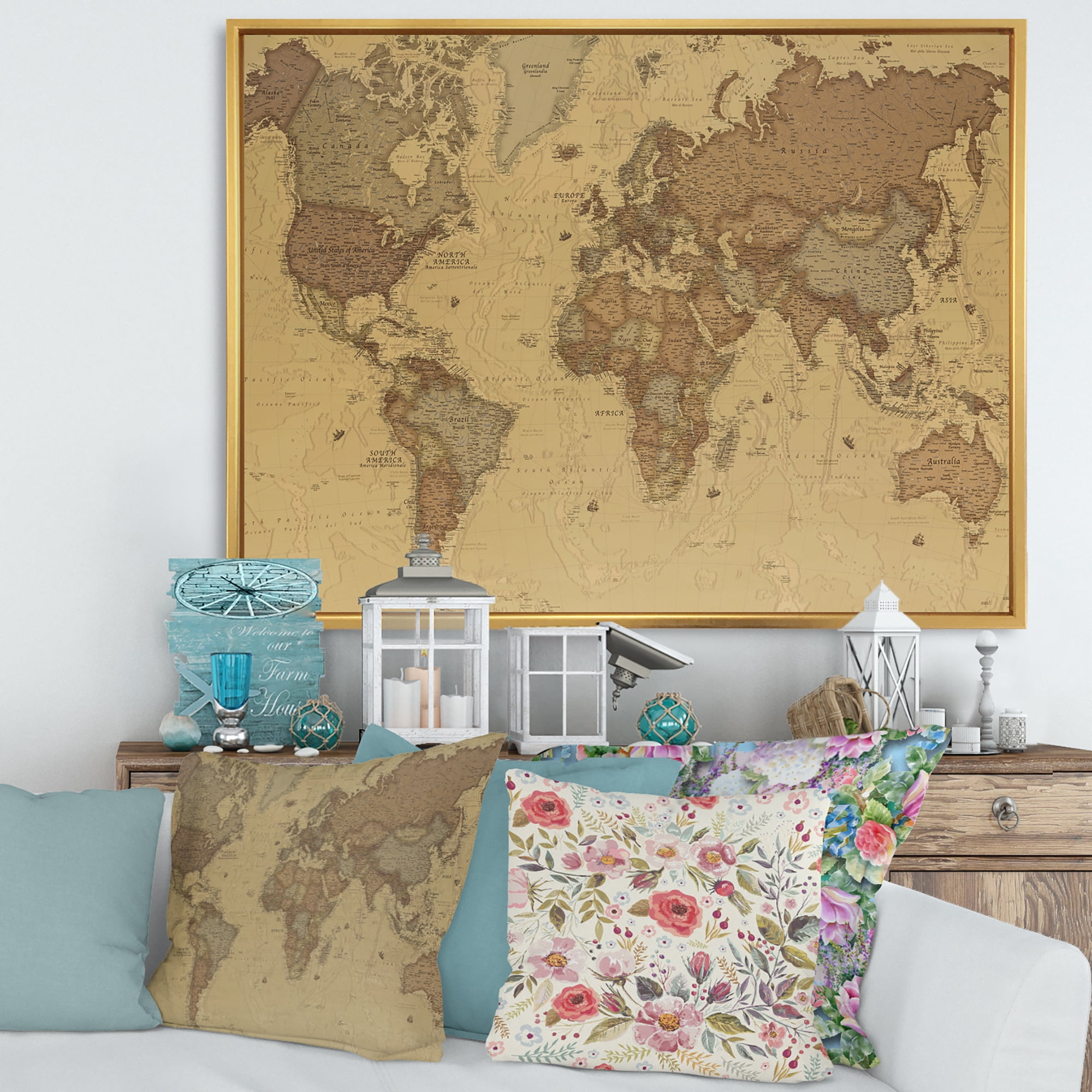 Designart 'Ancient World Map III' Vintage Framed Canvas Wall Art Print