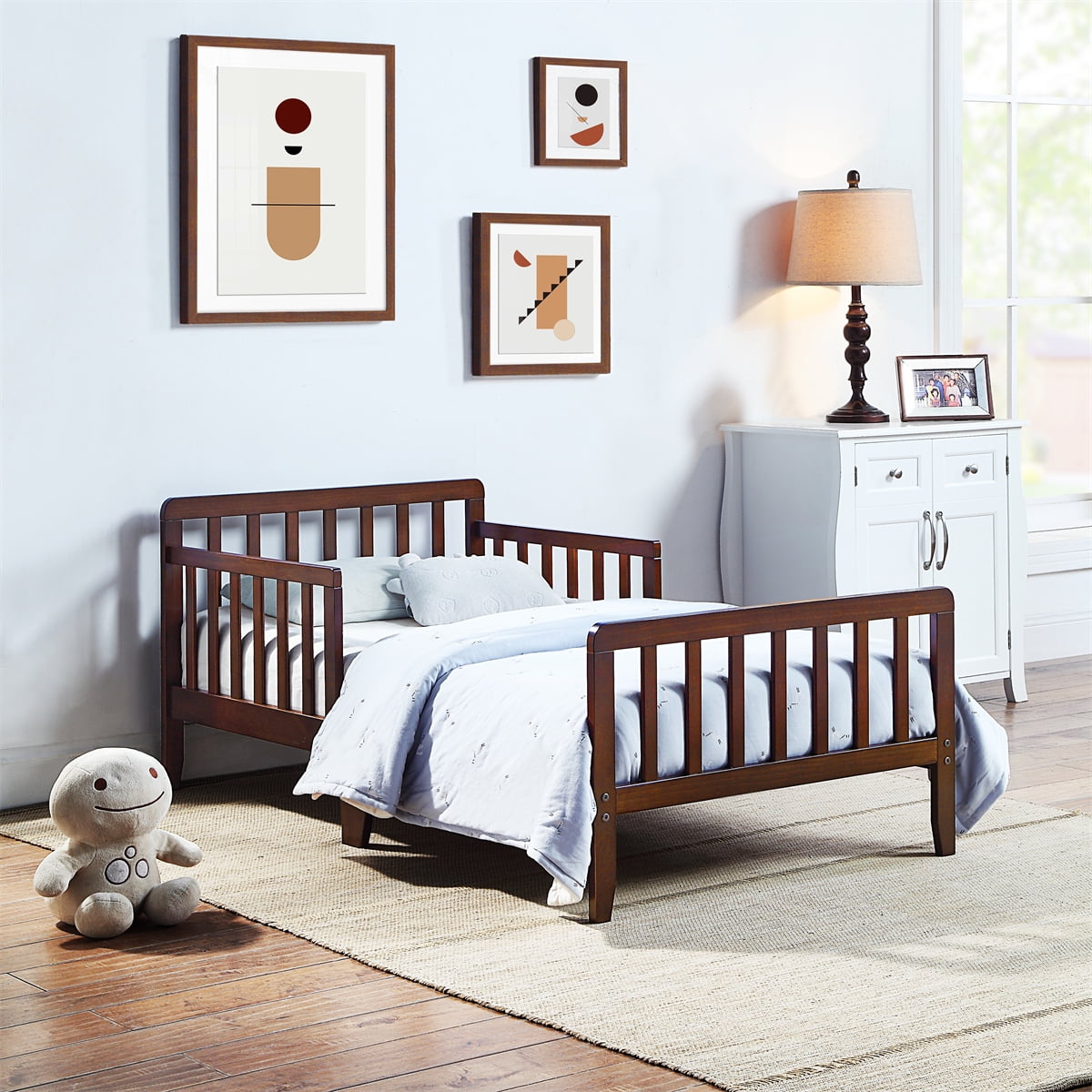 Kids Platform Bed Frame, Wood Toddler Bed with Safe Guardrail, Wood