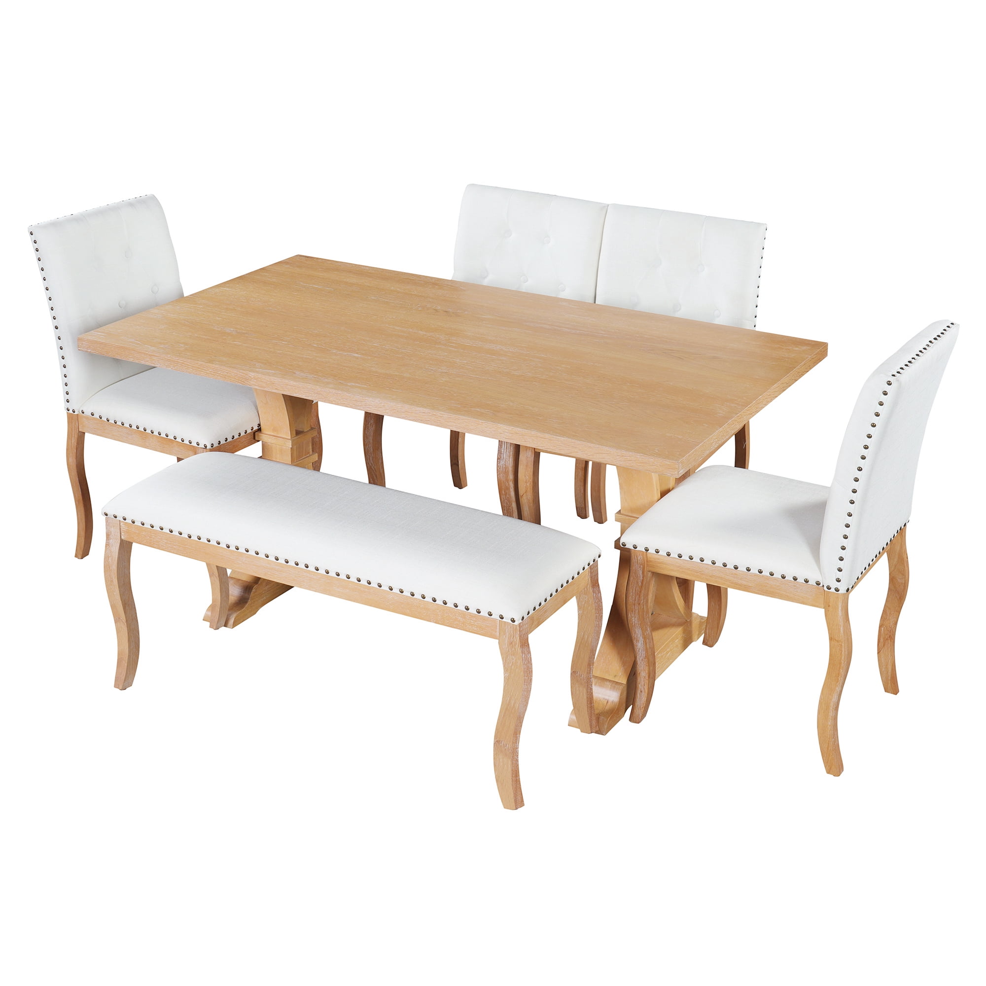 Euroco 6 Pieces Dining Table Set for 6, Solid Wood Kitchen Table Set with 4 Upholstered Chairs and Bench, Rectangular Dining Furniture Set,Natural